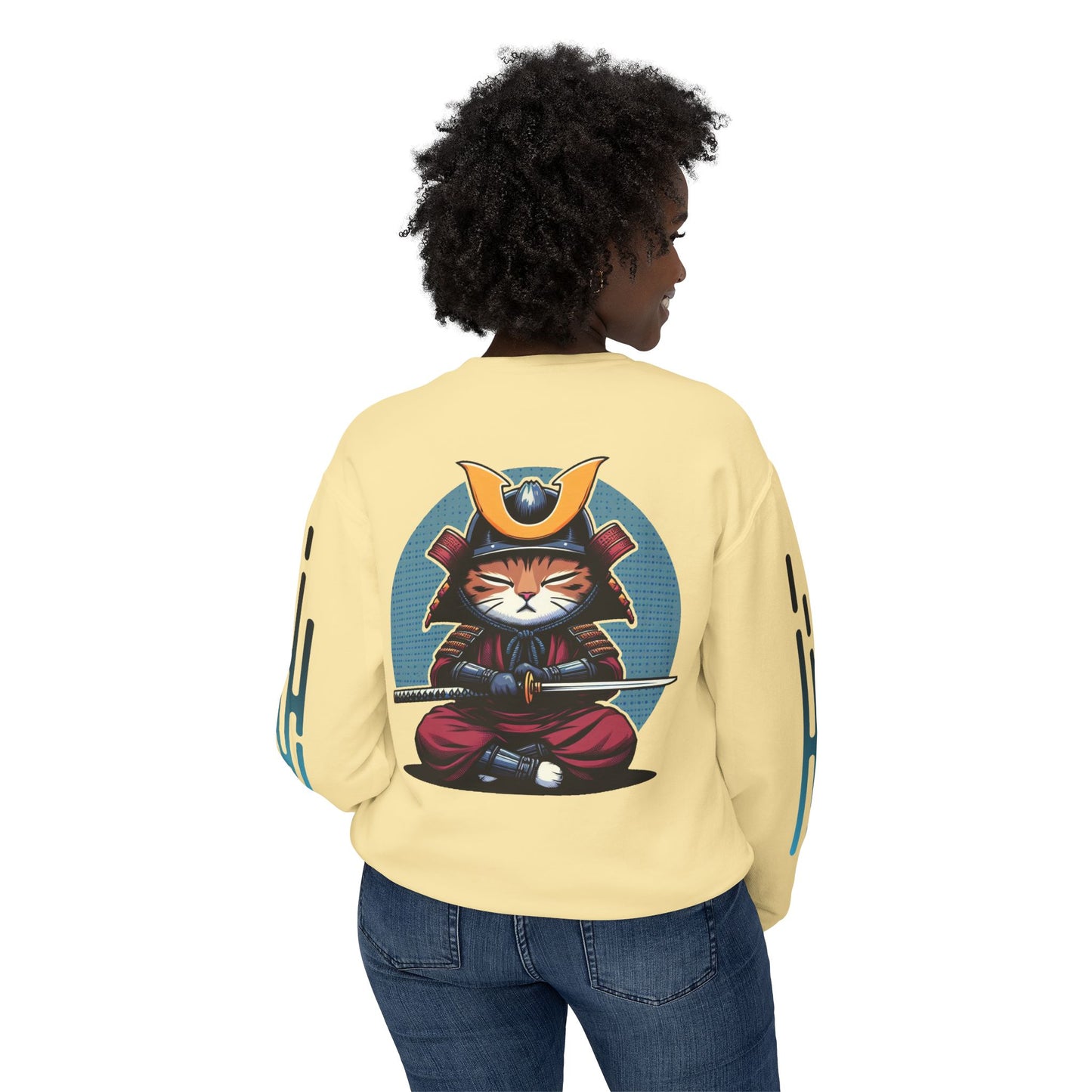 Samurai Cat Meditating , Cat, Travel, Trip, Tour, Japan - Unisex Lightweight Crewneck Sweatshirt